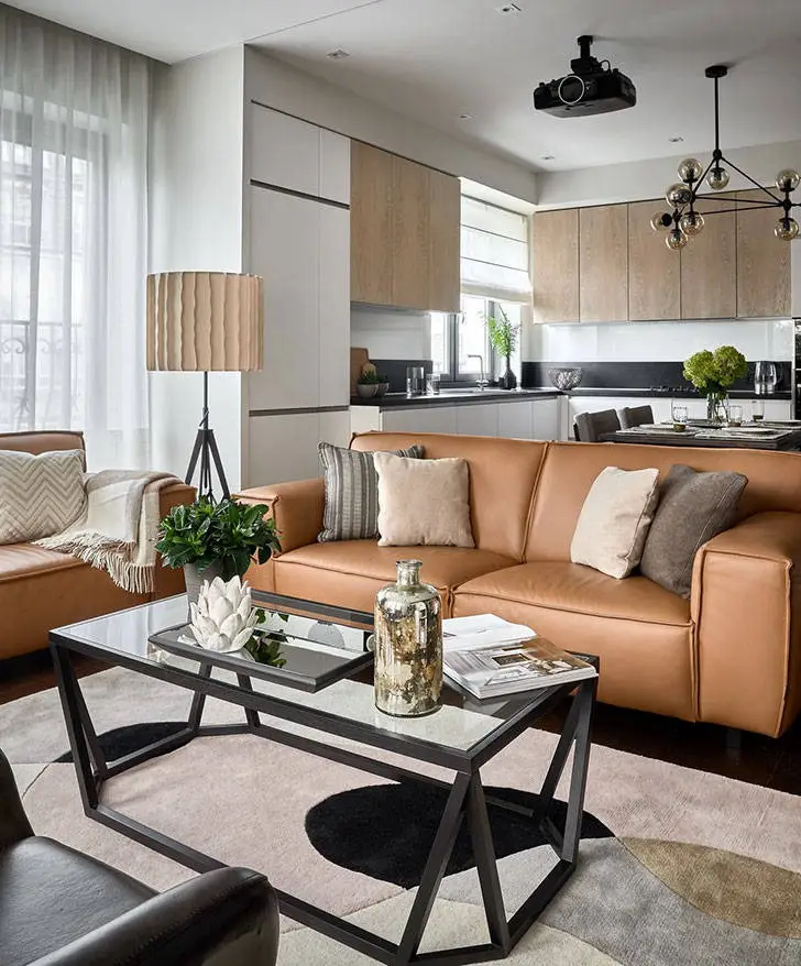 Meuble en cuir et mur en brique : appartement élégant à Moscou - Gallery image 0