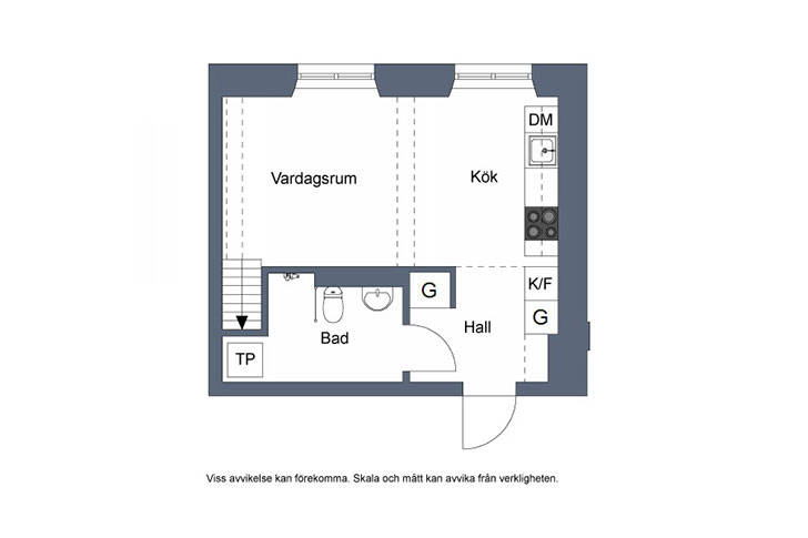 Небольшая квартира с роскошной черной кухней (40 кв. м)