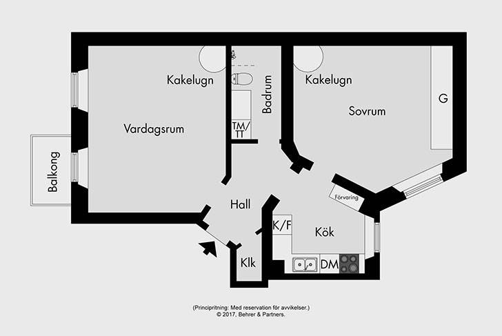 Квартира в Швеции с фаянсовой печью и теплыми деталями (59 кв. м)