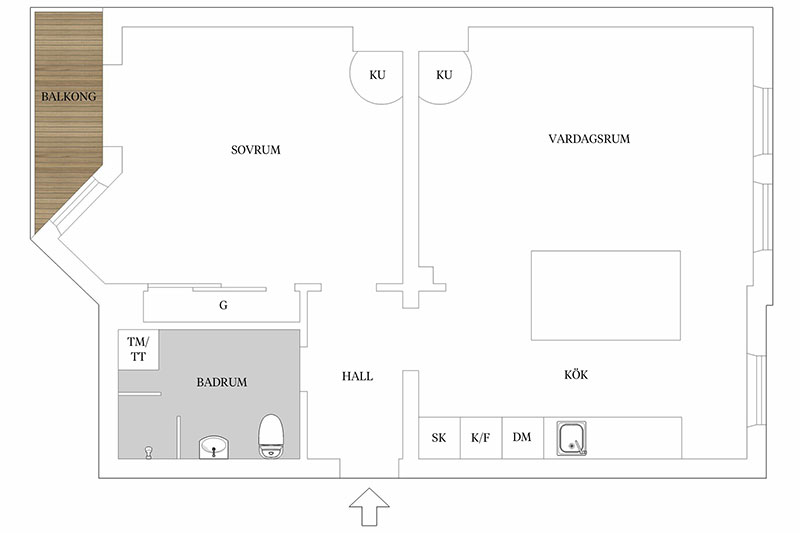 Замечательная шведская двушка с синей кухней и терракотовой спальней (58 кв. м)