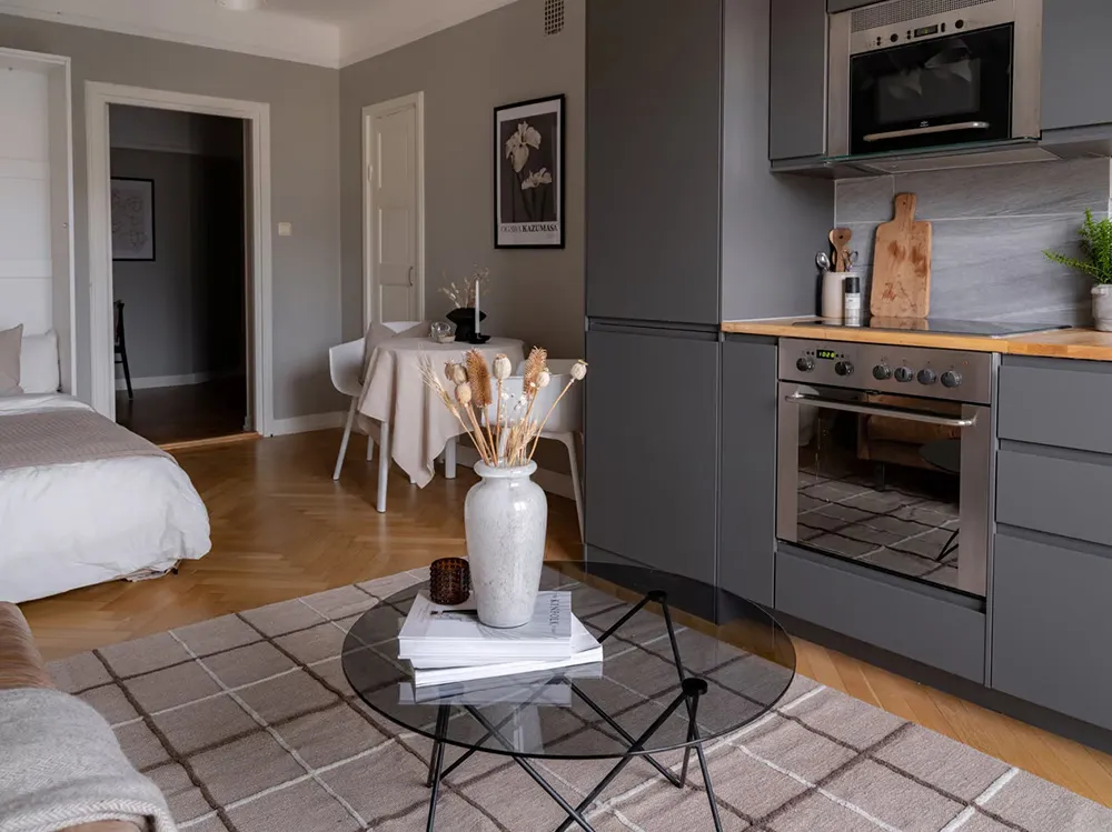 Estilo moderno apartamento pequeño con sofá de cuero y cama en armario (38 m²) - Gallery image 5