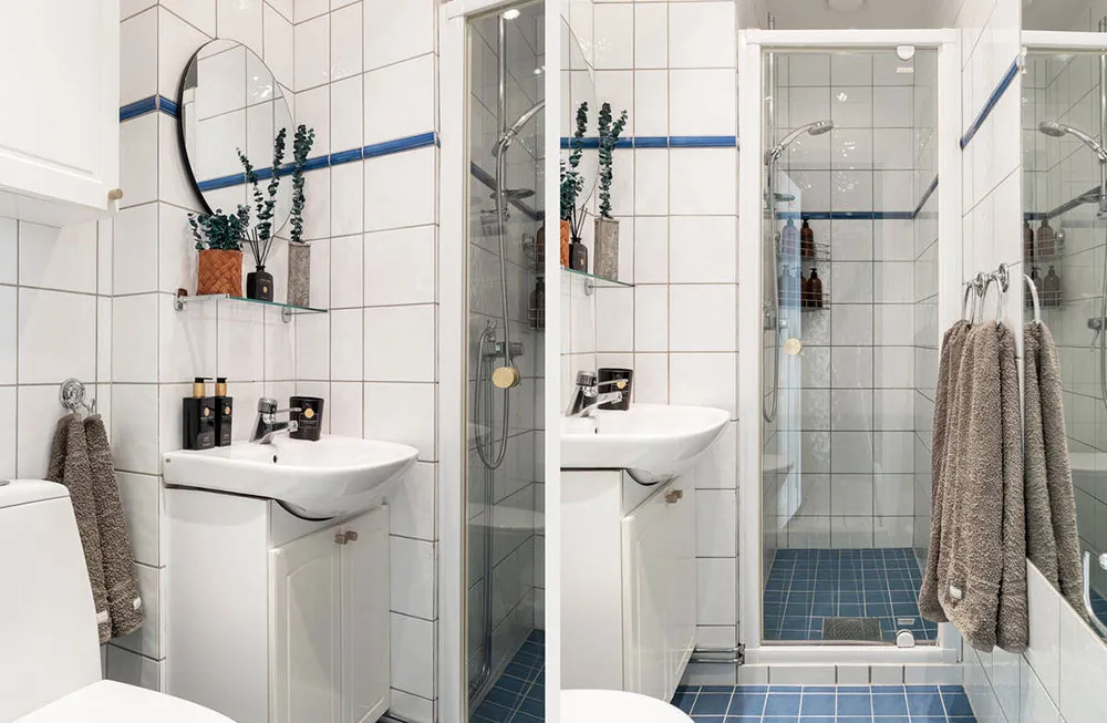 Accents verts dans le salon et chambre bleue foncée : petite mais efficace à Stockholm (48 m²) - Gallery image 17