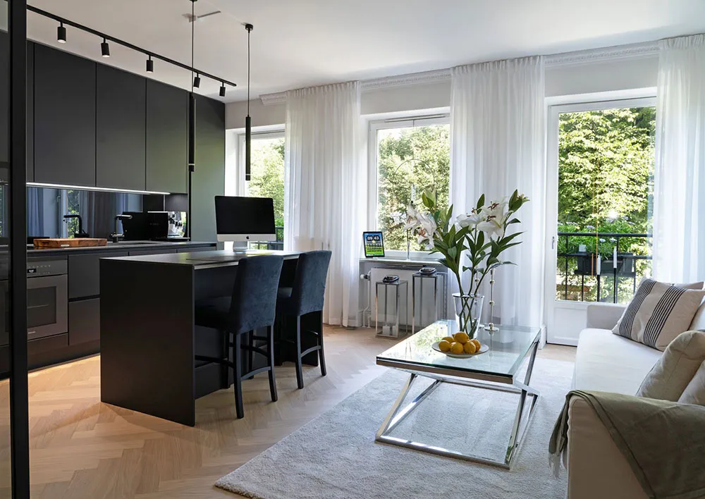 Black Kitchen and Park View: Small Modern Apartment in Stockholm (37 sqm) - Gallery image 2