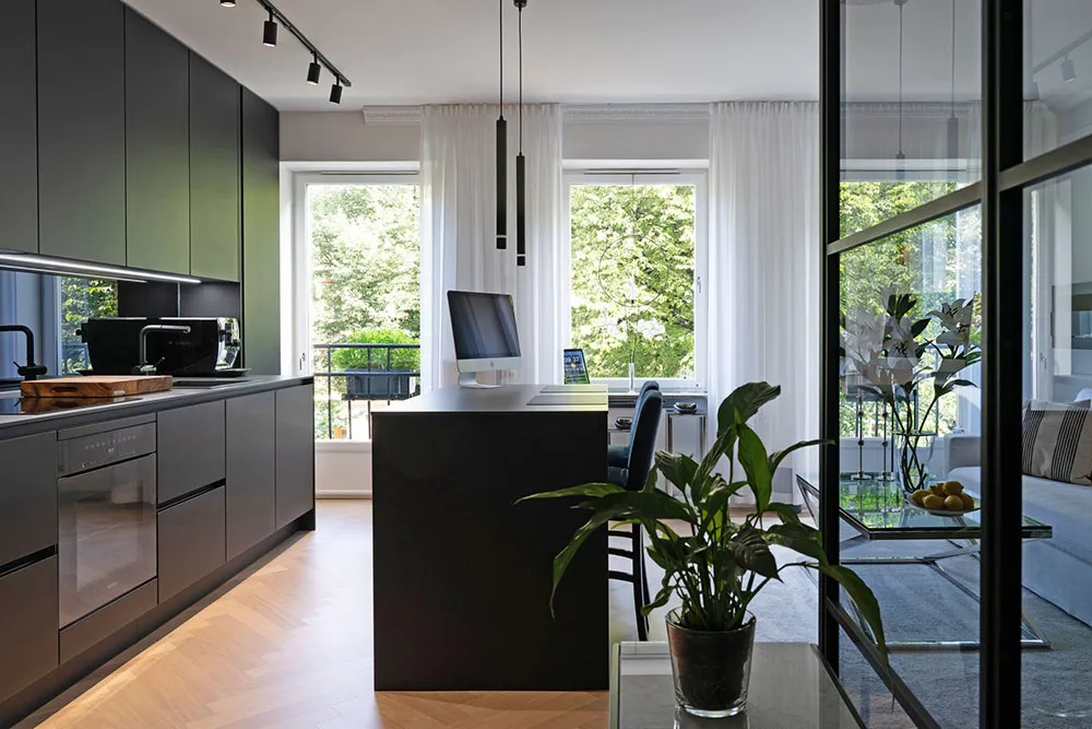 Black Kitchen and Park View: Small Modern Apartment in Stockholm (37 sqm) - Gallery image 5