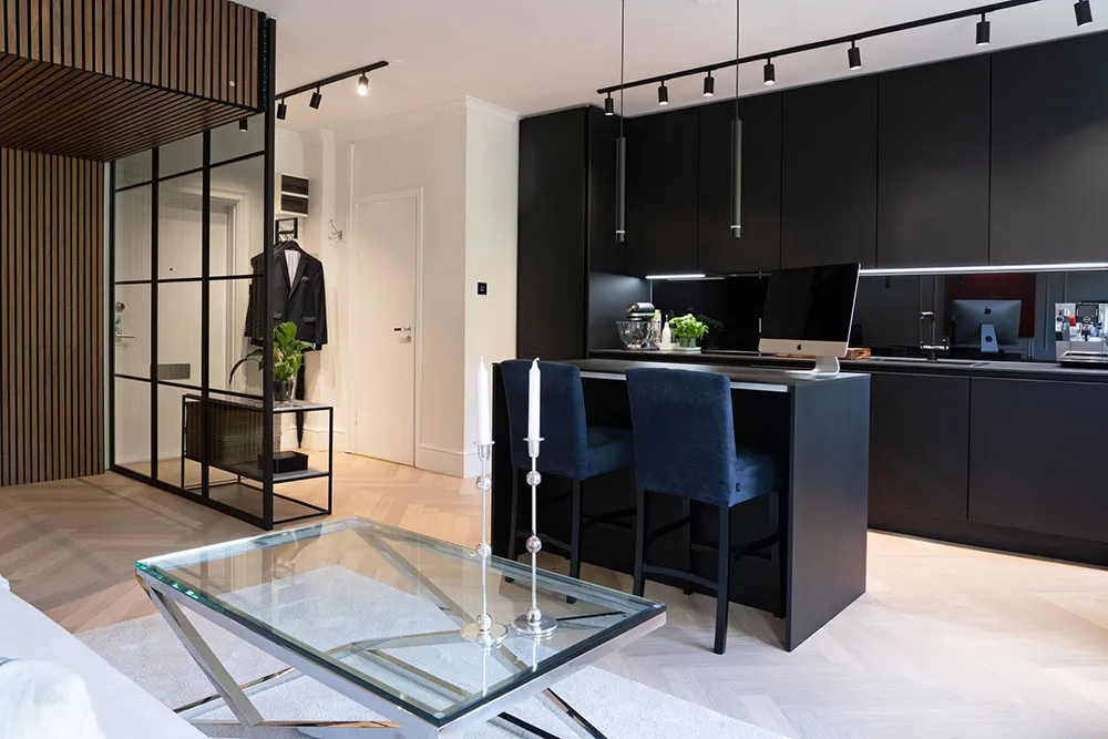 Black Kitchen and Park View: Small Modern Apartment in Stockholm (37 sqm) - Gallery image 4