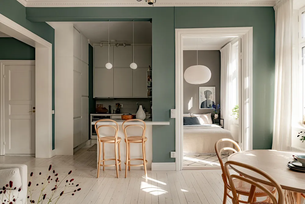 Schöne tiefe Wandfarben im Design einer kleinen Doppelwohnung in Schweden (44 qm) - 6