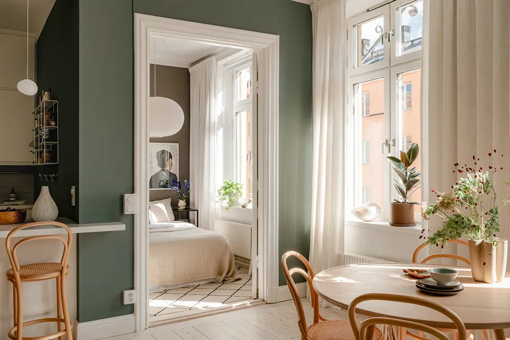 Schöne tiefe Wandfarben im Design einer kleinen Doppelwohnung in Schweden (44 qm) - 1