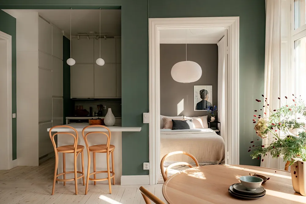Schöne tiefe Wandfarben im Design einer kleinen Doppelwohnung in Schweden (44 qm) - 8