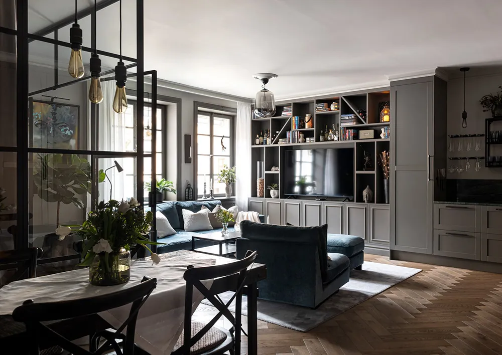 Styles et tons gris avec une cloison en verre : studio en Suède à Stockholm (54 m²) - Gallery image 6