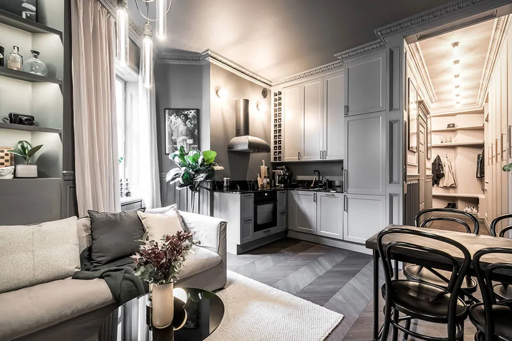 Style moderne d'intérieur gris pour une petite appartement de 39 m² avec salon passant - Gallery image 17