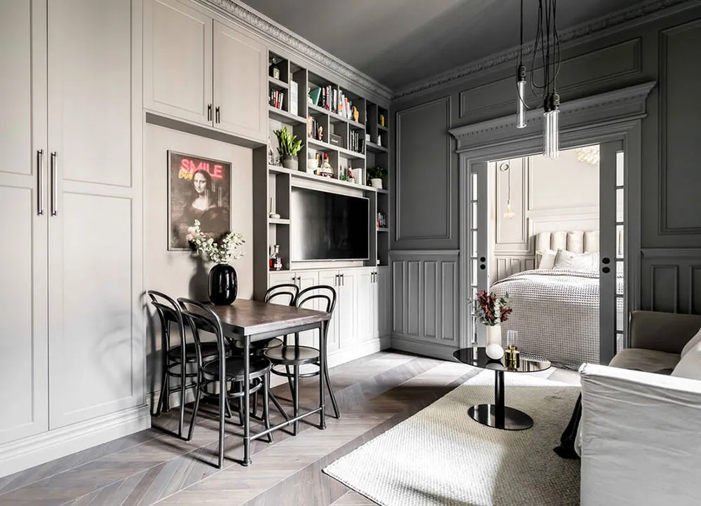 Style moderne d'intérieur gris pour une petite appartement de 39 m² avec salon passant - Gallery image 1