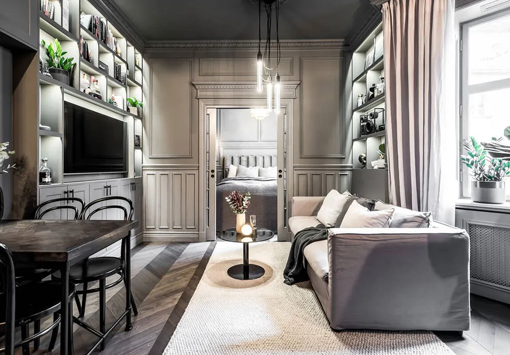 Style moderne d'intérieur gris pour une petite appartement de 39 m² avec salon passant - Gallery image 8