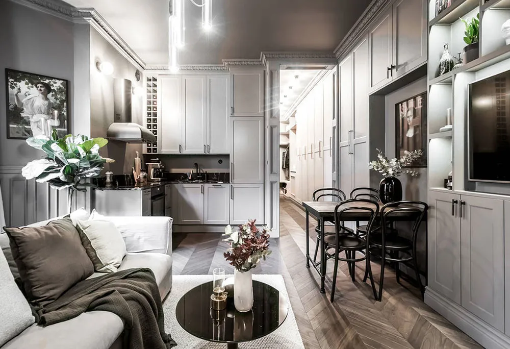 Style moderne d'intérieur gris pour une petite appartement de 39 m² avec salon passant - Gallery image 9