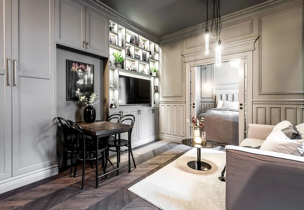 Style moderne d'intérieur gris pour une petite appartement de 39 m² avec salon passant - Gallery image 15
