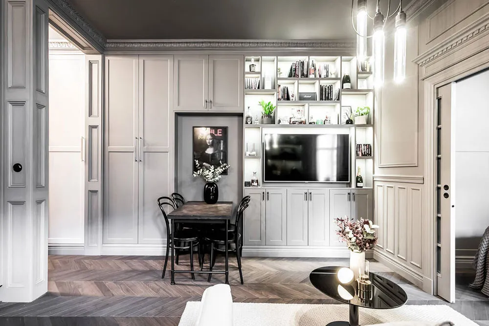 Style moderne d'intérieur gris pour une petite appartement de 39 m² avec salon passant - Gallery image 16