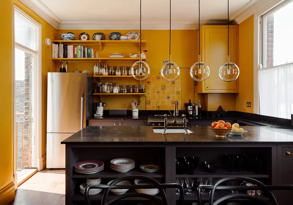 Mint Walls, Yellow Kitchen and Orange Sofa: Modern Interior in a London Townhouse - Gallery image 7