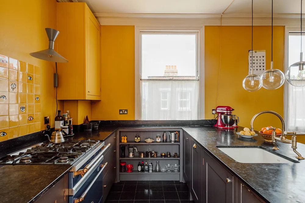 Mint Walls, Yellow Kitchen and Orange Sofa: Modern Interior in a London Townhouse - Gallery image 11
