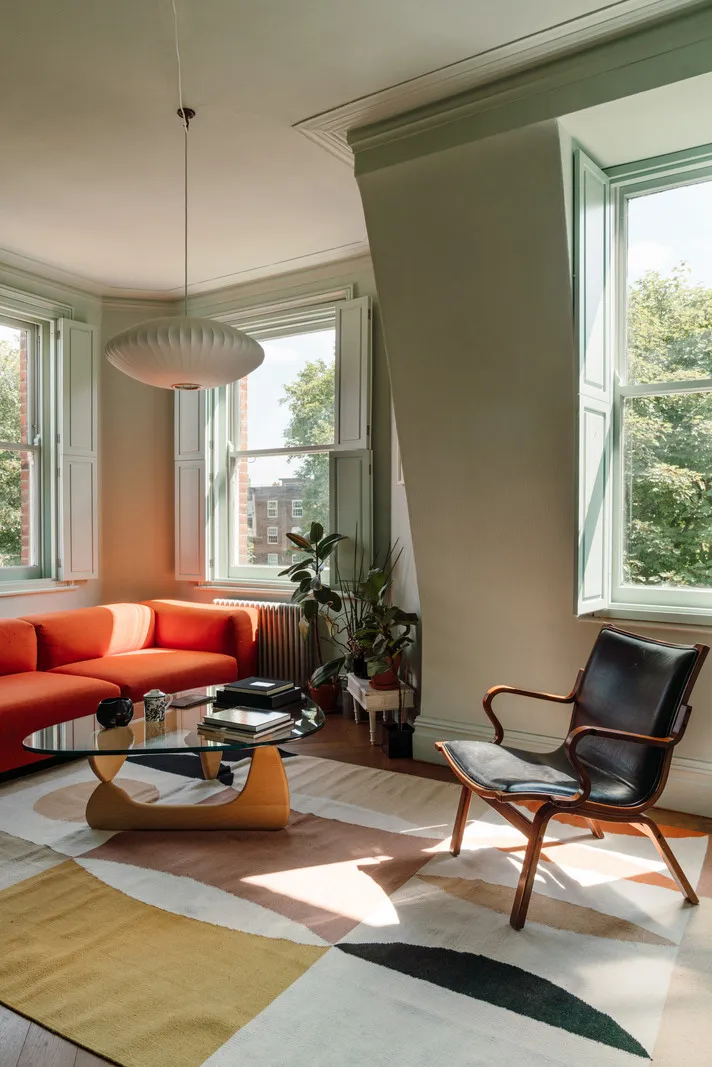 Mint Walls, Yellow Kitchen and Orange Sofa: Modern Interior in a London Townhouse - Gallery image 3