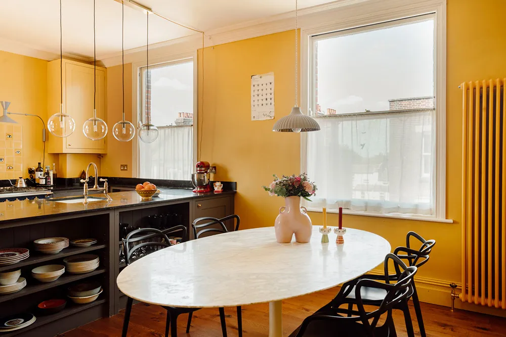 Mint Walls, Yellow Kitchen and Orange Sofa: Modern Interior in a London Townhouse - Gallery image 8