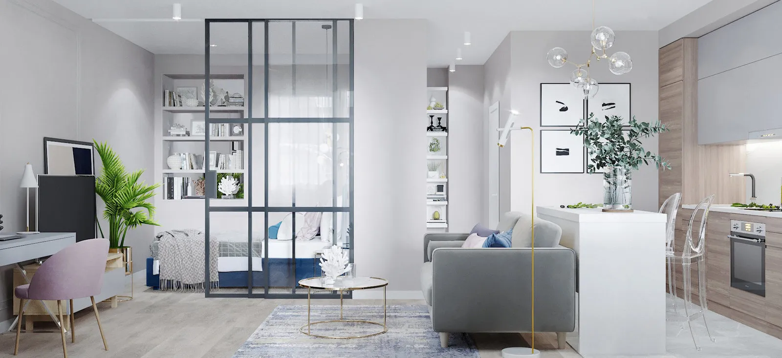 照片：现代风格客厅指南、分区、工作室中的玻璃隔断、如何划分工作室、玻璃隔断、OM Design、Oleg Minz、Encyclopedia_Interceptor、Sergy Makhov、Olga Boytsova、Ekaterina Ulanova、Katya Kuznetsova、用隔断分区、Anton Proshakin、Irina Reichers Studio – 我们网站上的照片