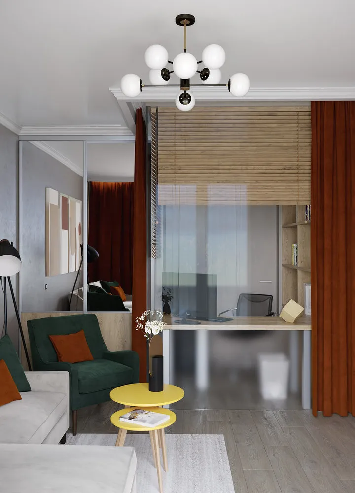 照片：极简风格客厅指南、分区、工作室中的玻璃隔断、如何划分工作室、玻璃隔断、OM Design、Oleg Minz、Encyclopedia_Interceptor、Sergy Makhov、Olga Boytsova、Ekaterina Ulanova、Katya Kuznetsova、用隔断分区、Anton Proshakin、Irina Reichers Studio – 我们网站上的照片