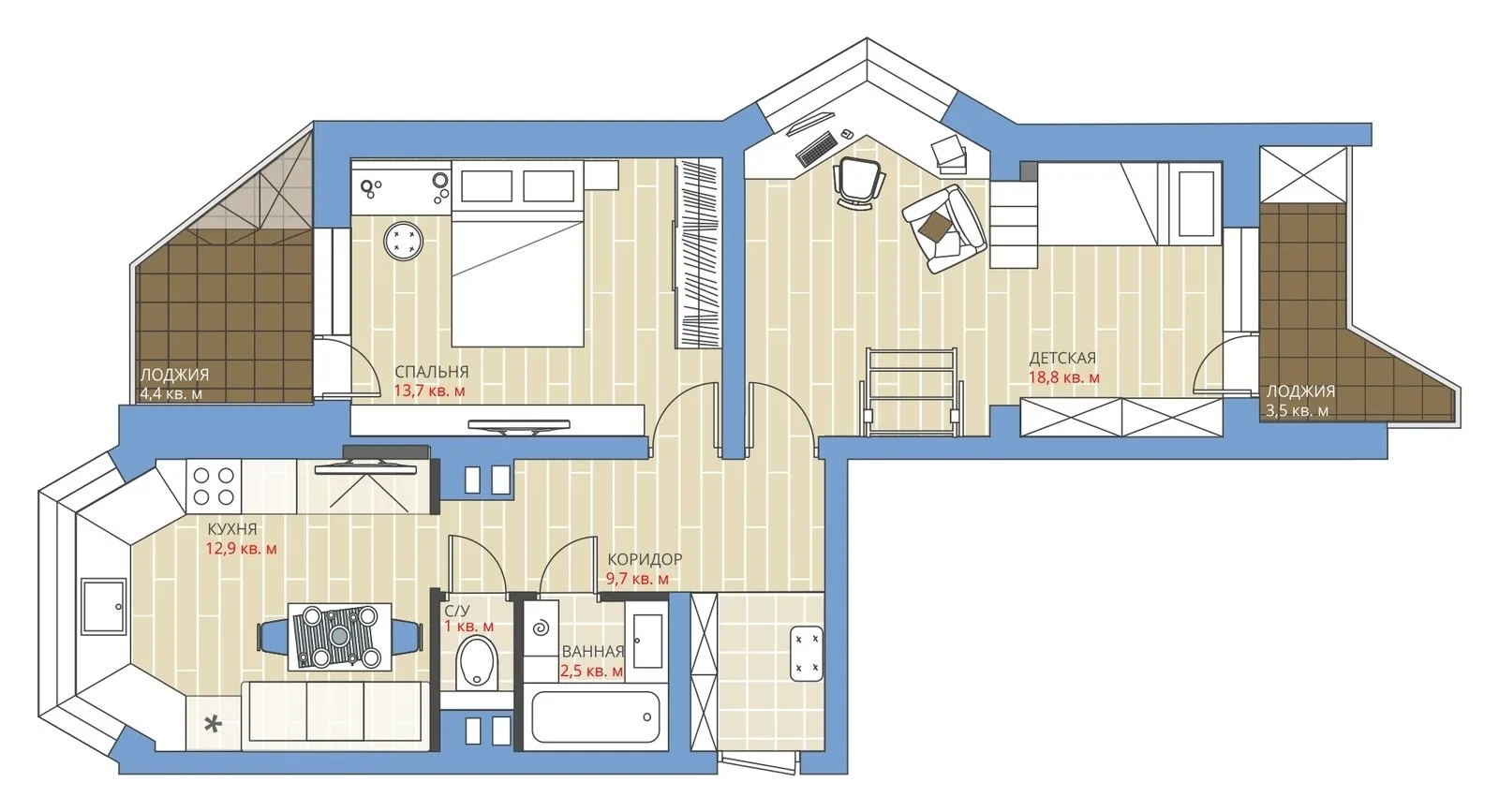 Foto: Distribuciones en estilo , Apartamento, Replanificación, Anastasia Kiseleva, Maxim Dzhurayev, P-44K, Edificio de panel, 2 habitaciones, 60-90 metros cuadrados – fotos en nuestro sitio web
