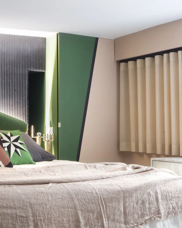 照片：现代风格卧室，客厅，折中，室内装饰，法国，绿色，黄色，棕色，里昂，克劳德·卡蒂埃 – 我们网站上的照片