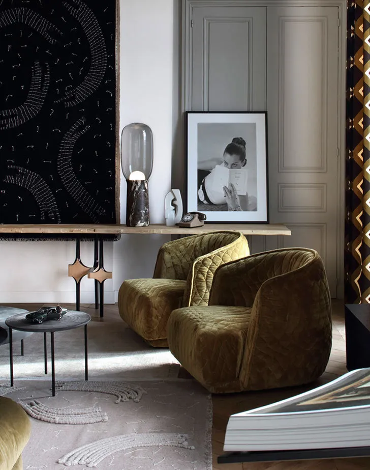 照片：现代风格客厅，折中，室内装饰，法国，绿色，黄色，棕色，里昂，克劳德·卡蒂埃 – 我们网站上的照片