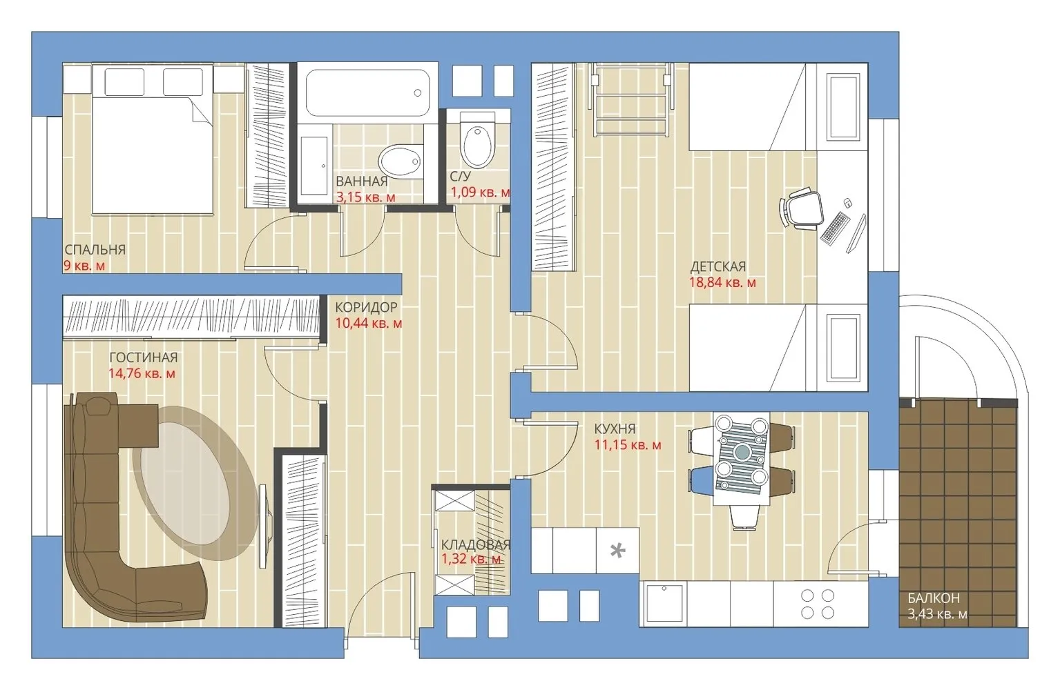 照片：风格布局、翻新、阿纳斯塔西娅·基谢列娃、马克西姆·朱拉耶夫、板式住宅、三室、60-90平方米、С-222——我们网站上的照片