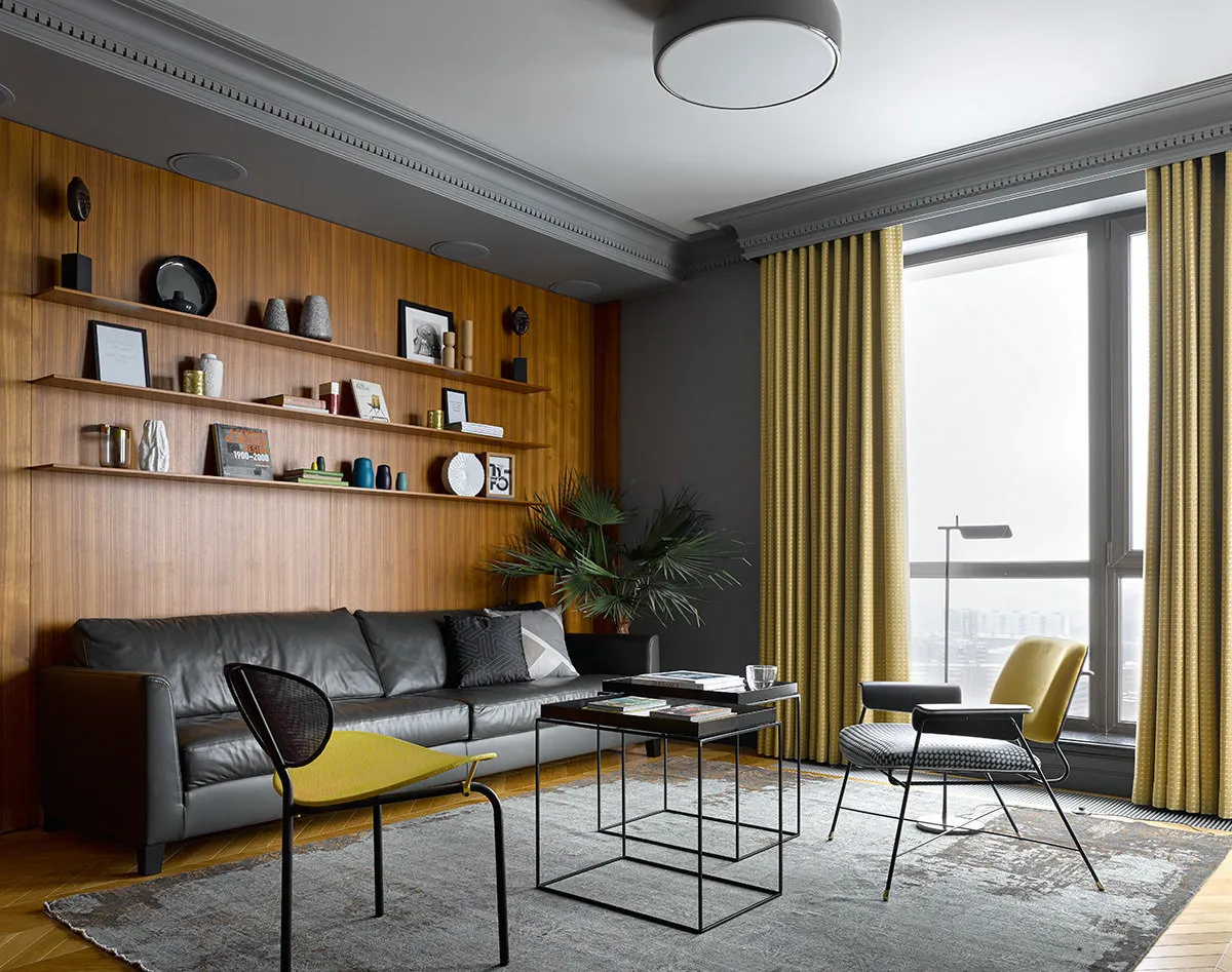 照片：现代风格客厅，指南，室内设计中的深色，安娜斯塔西娅·科瓦尔丘克、瓦列里娅·别洛索娃、叶卡捷琳娜·乌格洛娃、亚历山德拉·埃尔莫洛娃，伊琳娜·博加蒂科娃的俱乐部 – 我们网站上的照片