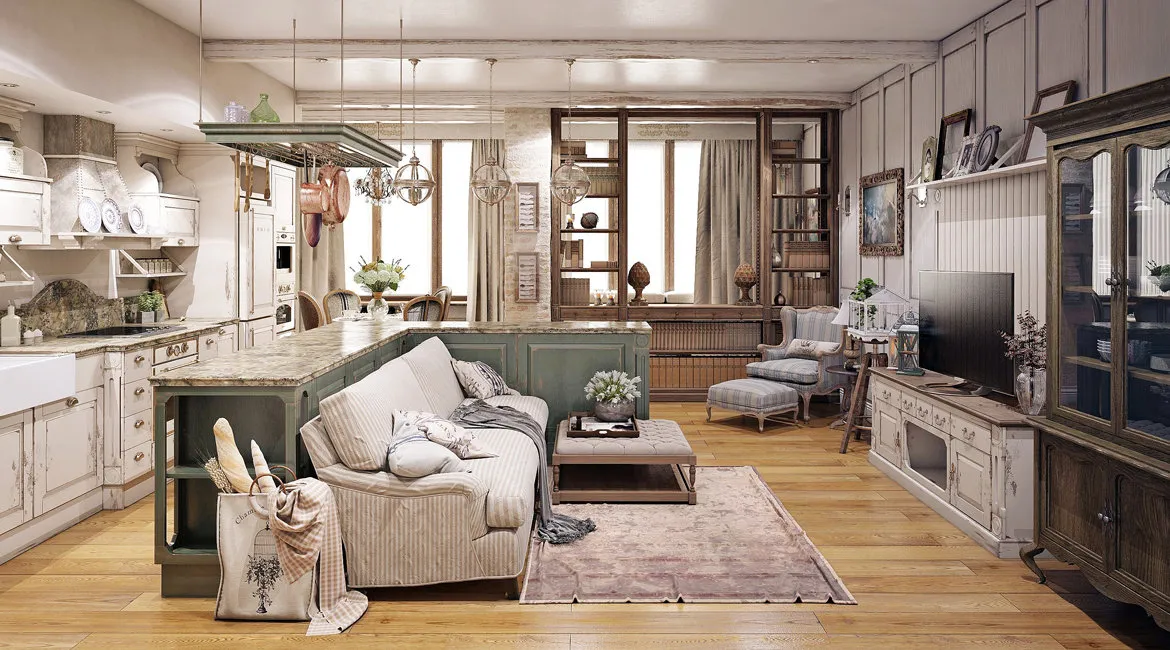 照片:普罗旺斯和乡村风格客厅,公寓,每周项目,莫斯科,整体房屋,4间及以上房间,超过90平方米,达丽亚·米西乌拉,鹰巢住宅区 – 我们的网站上的照片