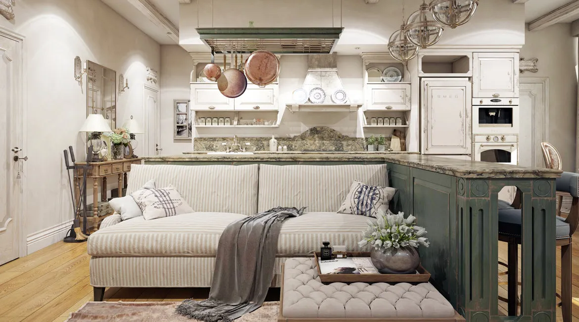 照片:普罗旺斯和乡村风格客厅,公寓,每周项目,莫斯科,整体房屋,4间及以上房间,超过90平方米,达丽亚·米西乌拉,鹰巢住宅区 – 我们的网站上的照片