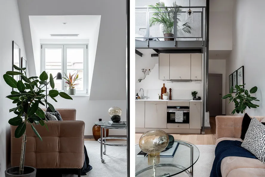 照片:Loft风格,厨房和餐厅,客厅,办公室,室内装饰,公寓,白色,灰色,两居室 – 我们网站上的照片