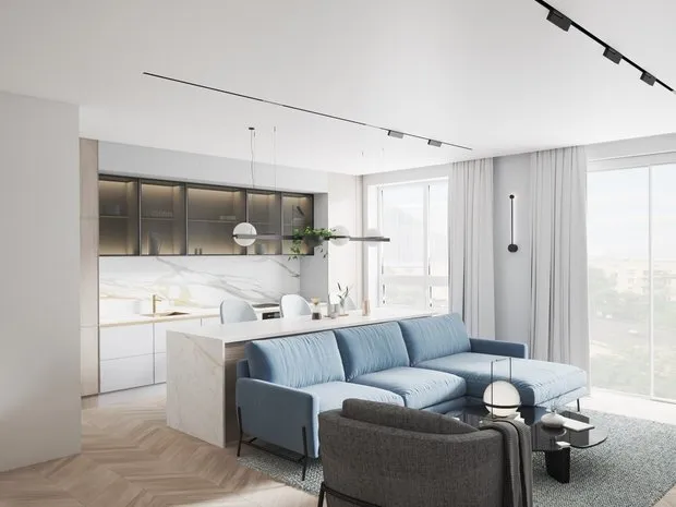照片:极简风格客厅,当代设计,室内装饰,公寓,技巧,莫斯科,3室,超过90平方米,DSGN HUB,Nina Voynova – 网站上的照片