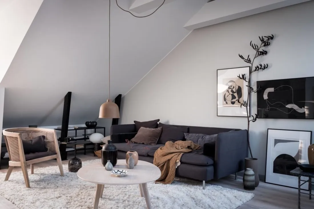 照片:现代、斯堪的纳维亚风格客厅,室内装饰,公寓,工作室,白色,米色,灰色,loft风格室内设计,面积小于40平方米,艾玛·菲舍尔——我们网站上的照片