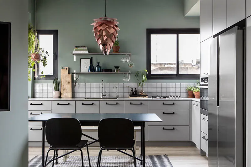 图片:北欧厨房与餐厅,室内装饰,公寓,绿色,粉色,3室,60-90平方米 – 我们网站上的照片