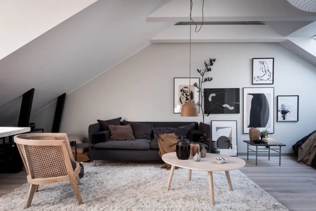 照片:现代、斯堪的纳维亚风格客厅,室内装饰,公寓,工作室,白色,米色,灰色,loft风格室内设计,面积小于40平方米,艾玛·菲舍尔——我们网站上的照片