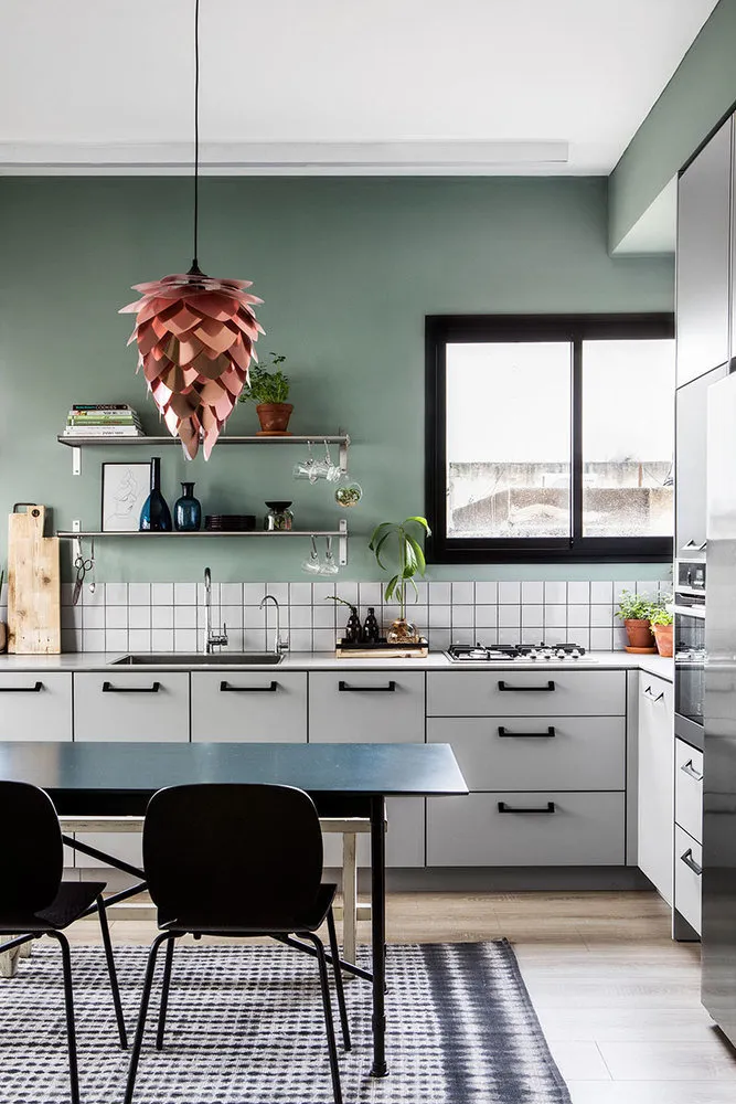 图片:北欧厨房与餐厅,室内装饰,公寓,绿色,粉色,3室,60-90平方米 – 我们网站上的照片