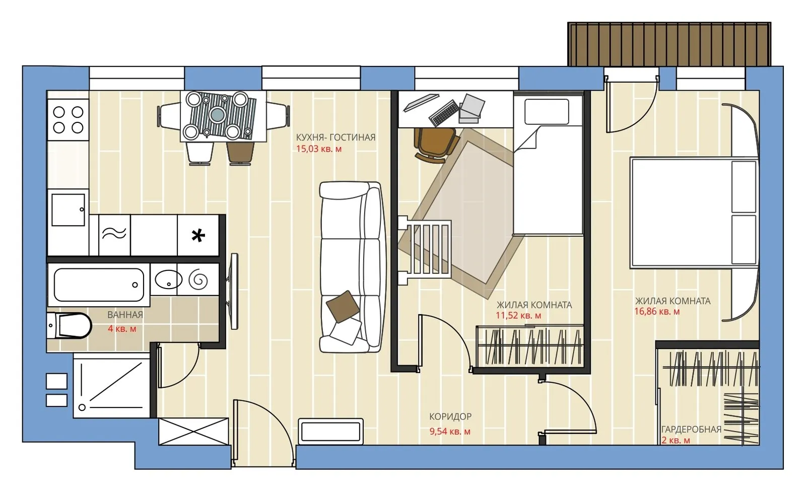Foto: Raumaufteilungen im Stil , Umplanung, Anastasia Kisilewa, Maxim Dzuraew, Panelhaus, 3 Zimmer, 40-60 qm, 1-515/9m – Fotos auf unserer Website