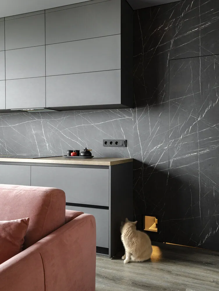 La puerta al cuarto de servicios está oculta. Allí hay una lavandería completa con una lavadora y secadora separadas, una lavadora para ropa y un tablero de planchado. Junto a la puerta hay entrada para el gato.