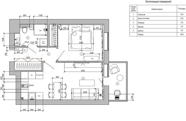 Foto: Grundriss im modernen Stil, Wohnung, Projekt der Woche, Sankt Petersburg, 2 Zimmer, 40-60 m², Anastasia Zarqua – Foto auf unserer Website