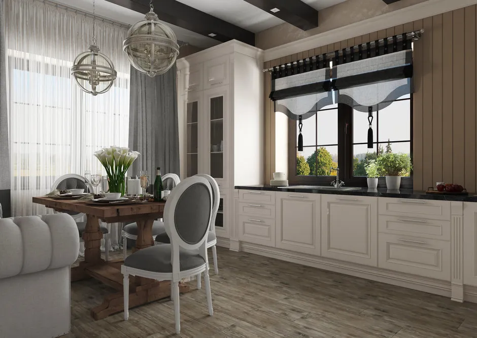 照片：普罗旺斯与乡村风格厨房和餐厅，斯堪的纳维亚，现代，室内装饰，房屋，装饰，家具和灯光，技巧，小屋，庄园，小木屋，生态，住宅和小屋，室内百科全书 – 网站上的照片