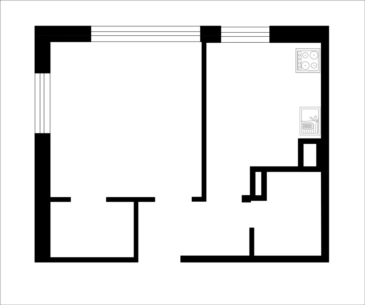 角落公寓布局方案。两个窗户充满光线，但布置家具并不容易