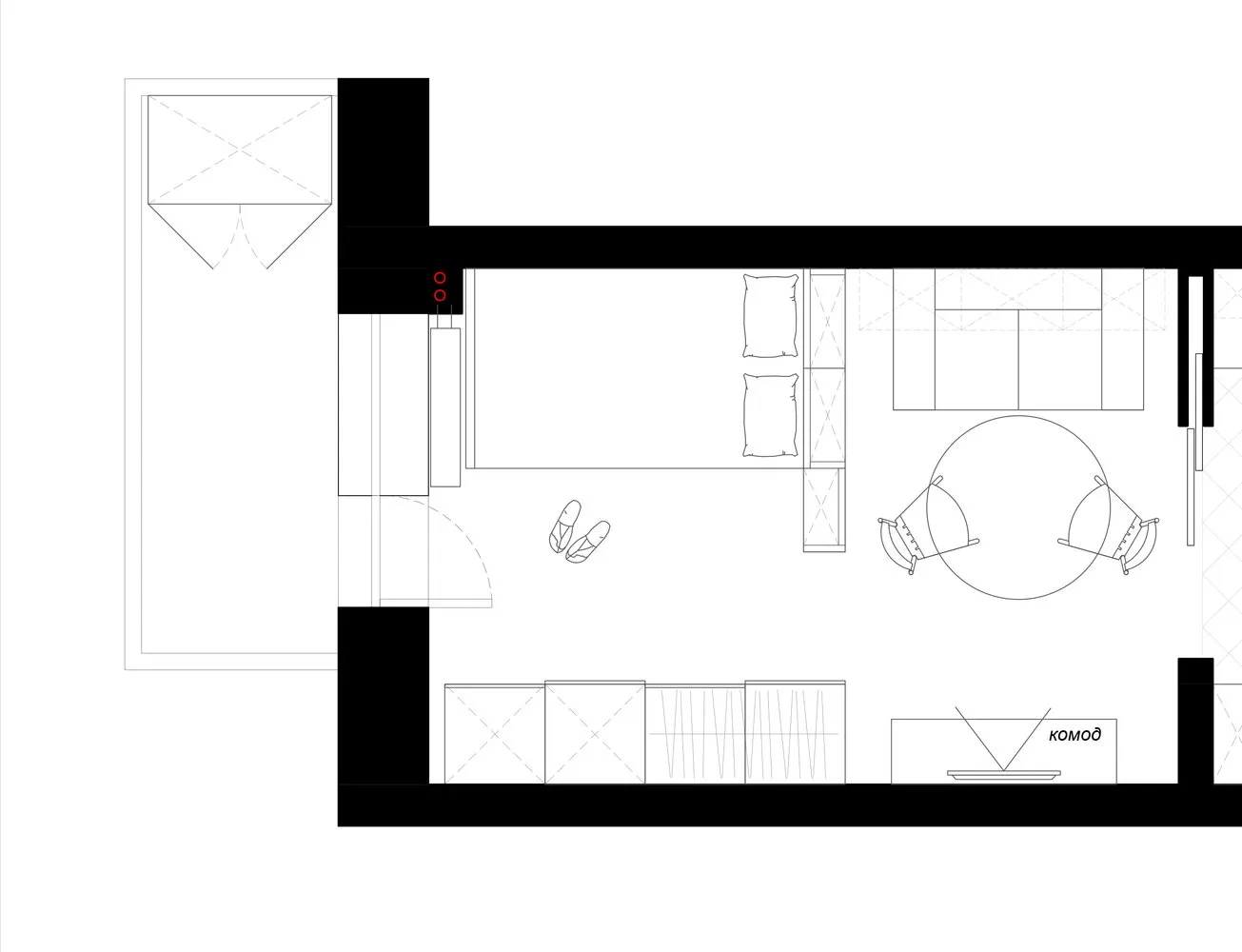 良好方案：窗户到墙角的距离约为一米，允许在墙上放置大型柜子