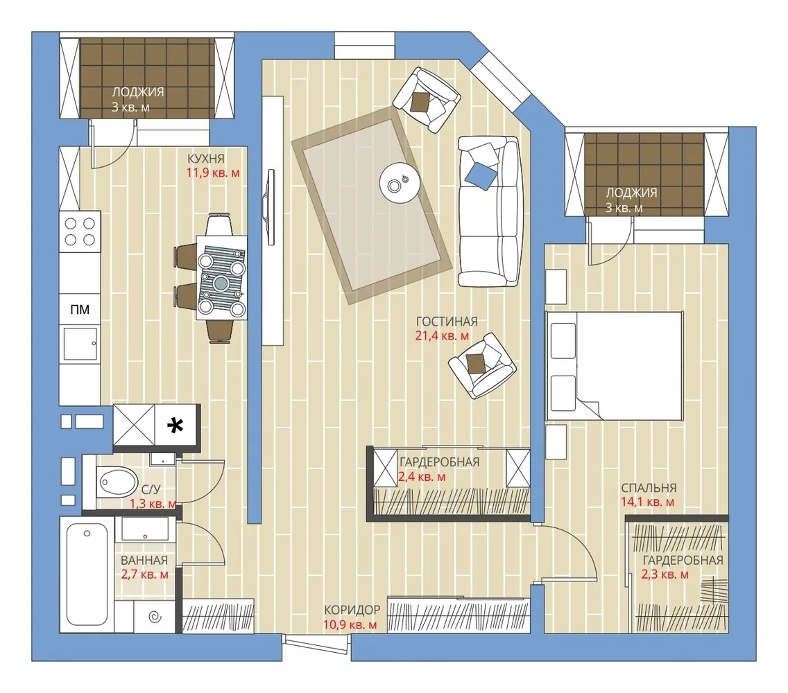 照片:风格布局、公寓、搬迁、安娜斯塔西娅·基谢列娃、马克西姆·朱拉耶夫、板式住宅、两居室、60-90平方米、P-55M – 我们网站上的照片