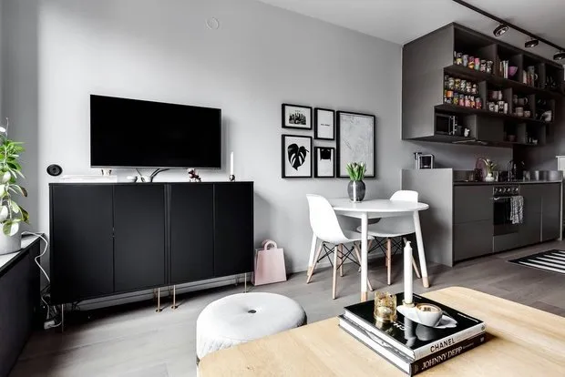 照片:北欧风格厨房和用餐区,室内装饰,紧凑型公寓,公寓,瑞典,灰色,小公寓的灵感,如何装饰小公寓,小公寓设计,1间房,不超过40平方米,室内百科全书 – 我们网站上的照片