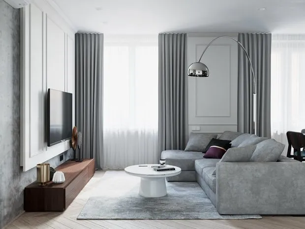 照片：客厅在现代、古典、折中主义、室内装饰、极简主义、线条、Malitskikh工作室、Valeria Dan'kovskaya、Sergy Makhov、Nadezhda Kiselykova、One Line Design、线条装饰、壁龛、Karina Rimik、线条、踢脚线、插座、建筑装饰 – 照片在我们网站上