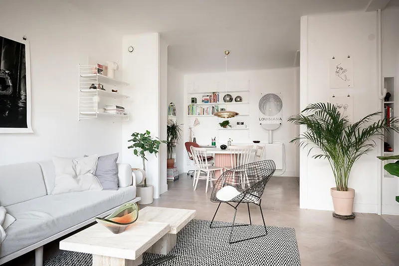 照片：北欧现代风格客厅，室内装饰，公寓，白色，粉色，40-60平方米 – 网站上的照片