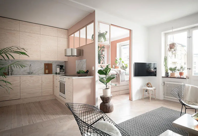 照片：北欧现代风格客厅，室内装饰，公寓，白色，粉色，40-60平方米 – 网站上的照片