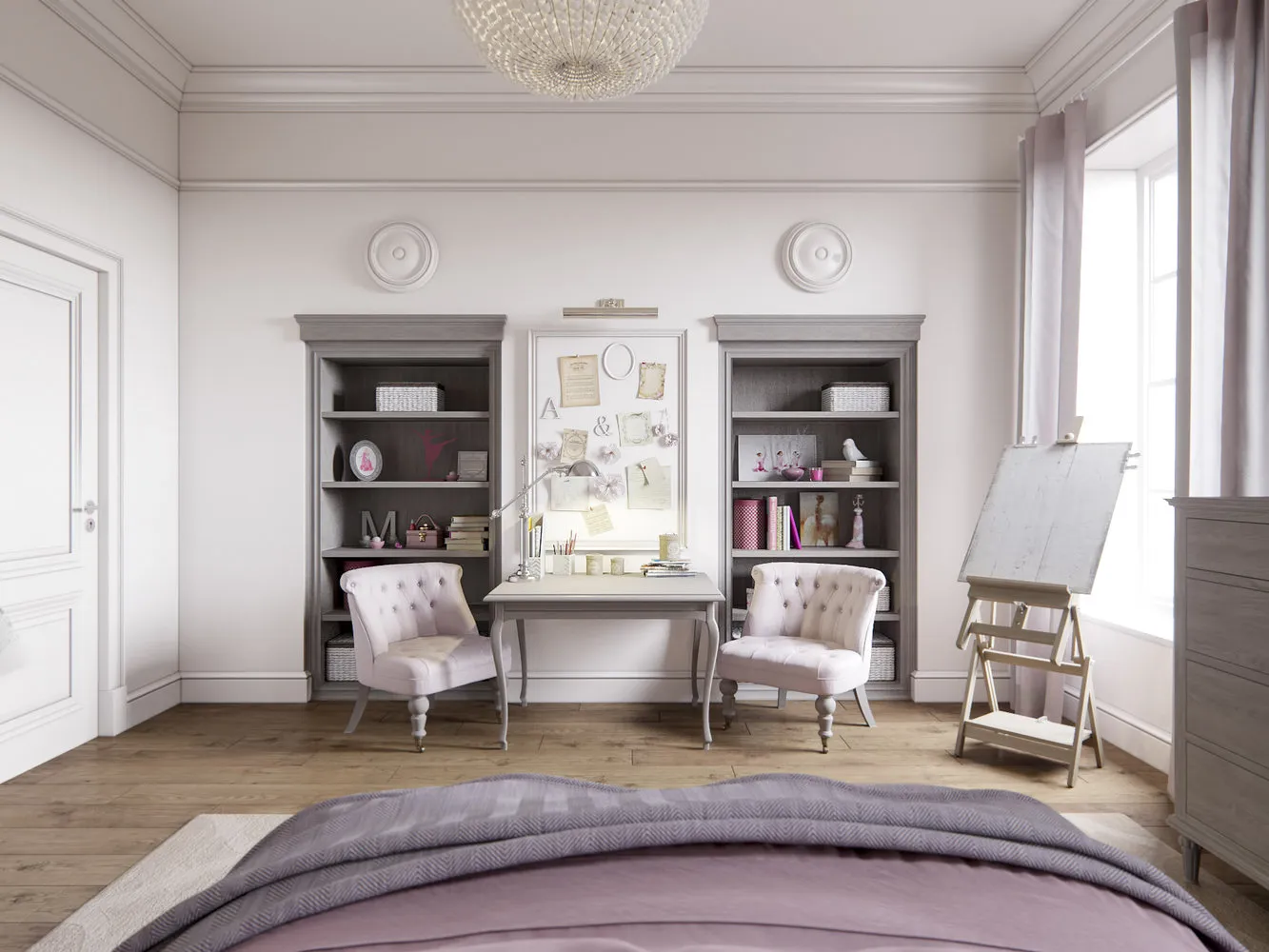 设计师Svetlana Chepikova，带有天然木元素和古典吊灯的灰色色调卧室